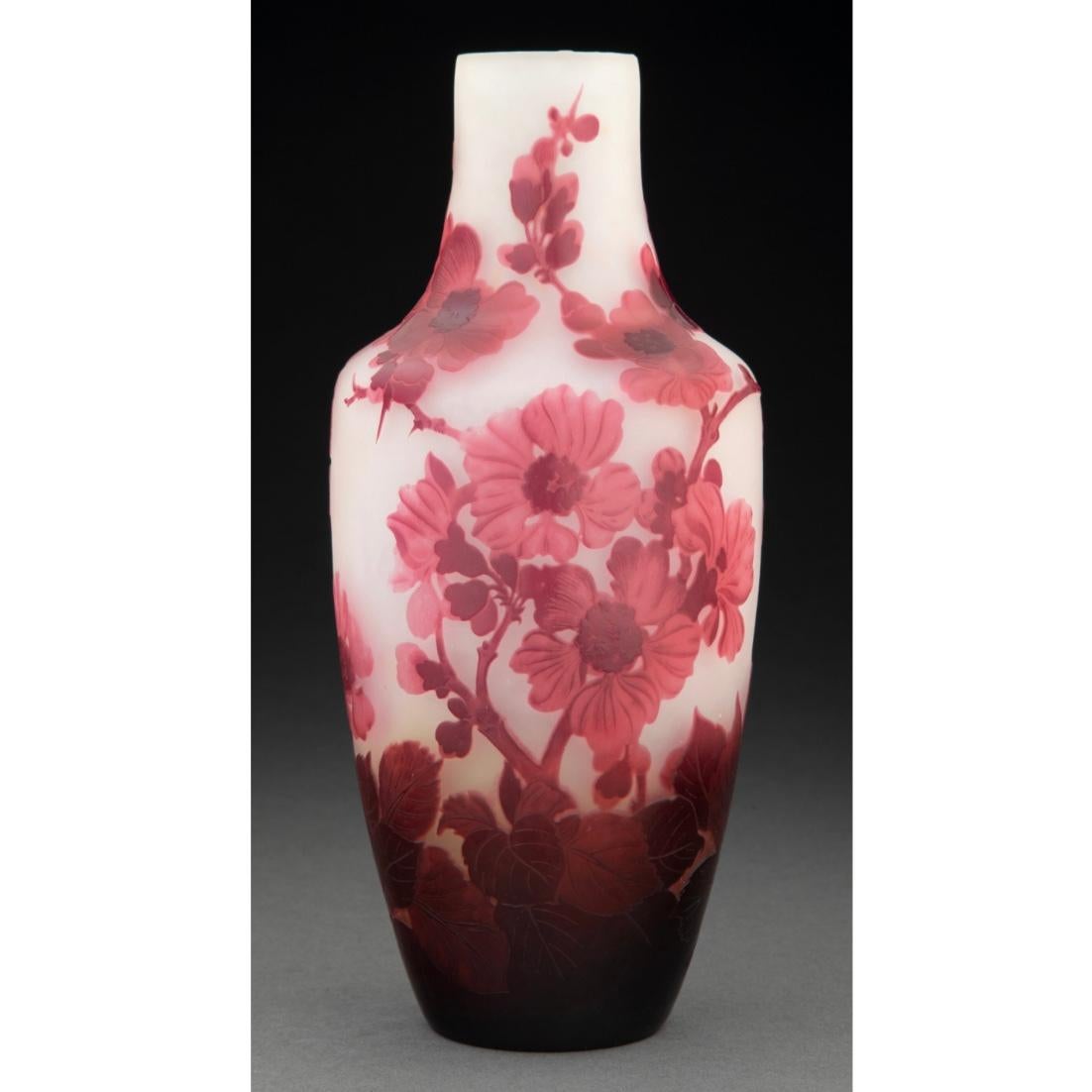Galle Cameo Glass Anemone Vase, circa 1900 Art Nouveau 
Marks: Gallé
Height: 9.5 inches (24.1 cm)
Diameter: 4.5

Condition: Vase features red and pink anemones over a white to yellow background. In very good condition; no chips, cracks, or