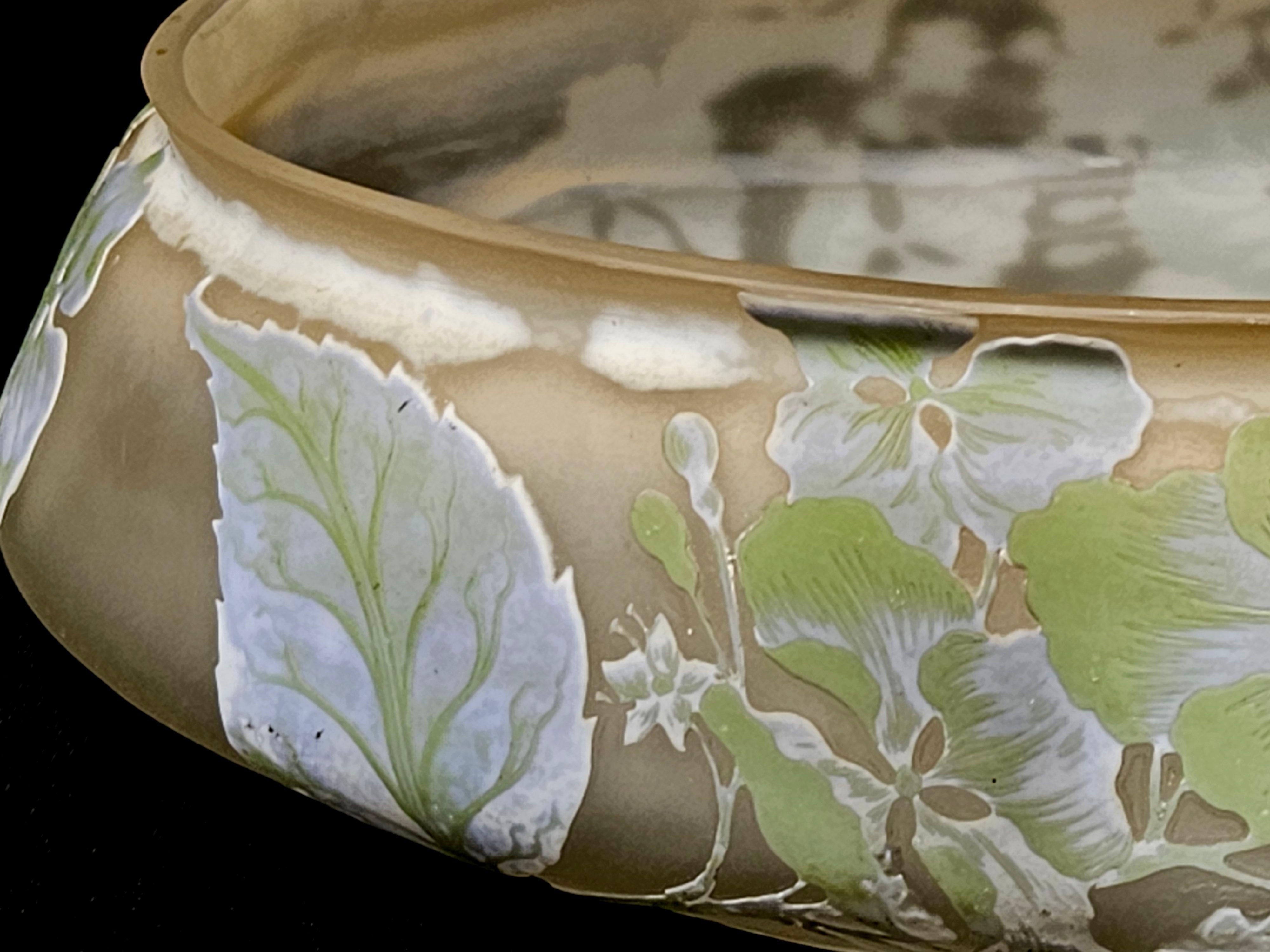 French Galle Cameo Glass Bowl with Floral Nancy, France, c. 1900, Cameo Mark 