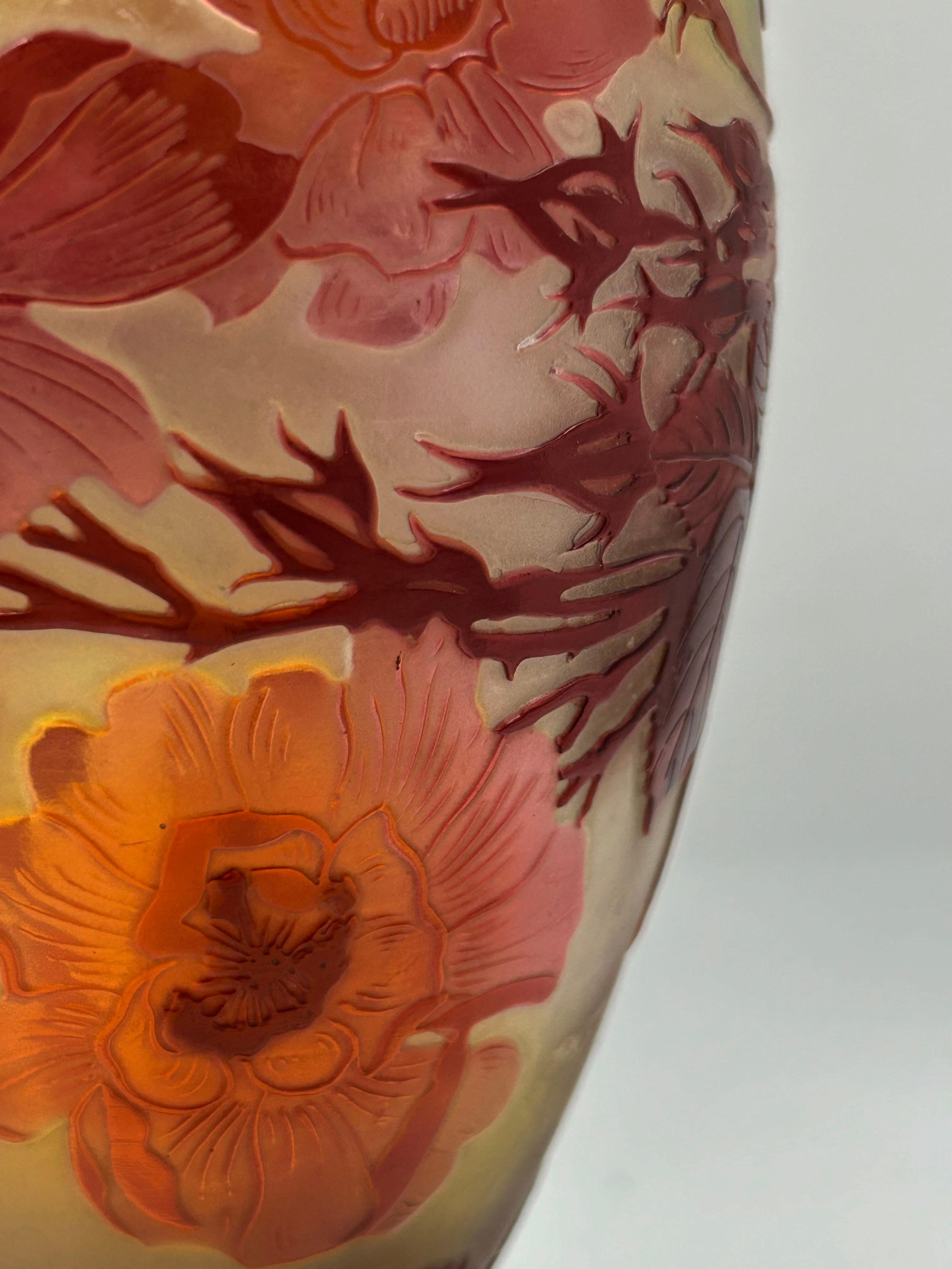 Art Glass Galle Cameo Glass Carved Vase For Sale