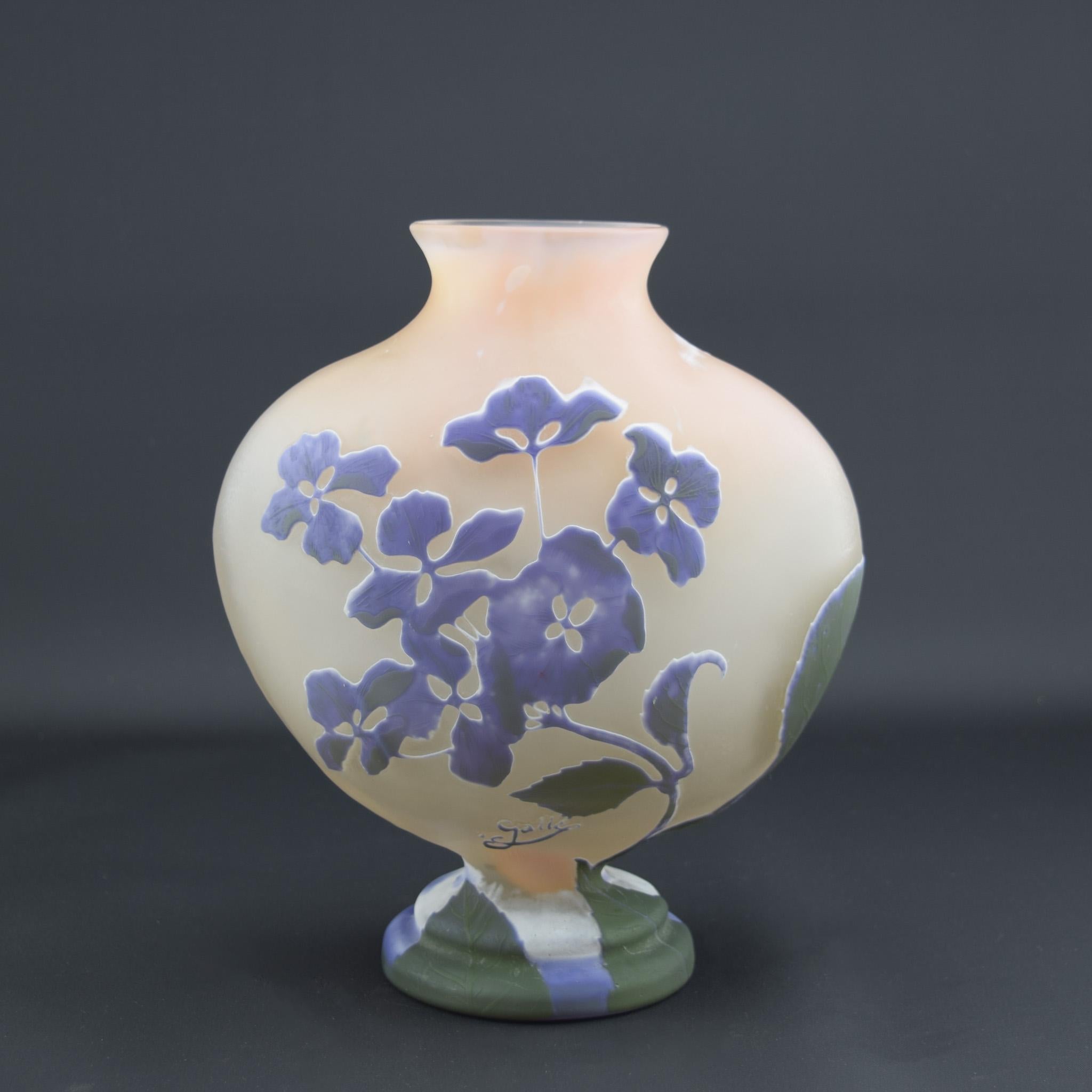 Vaso di ortensie in vetro cammeo Galle C1905. Il vaso con piedistallo dalla forma insolita è decorato con ortensie stilizzate. Il vaso è costruito con cinque strati di vetro e tagliato all'indietro che rivelano ogni colore dando profondità e