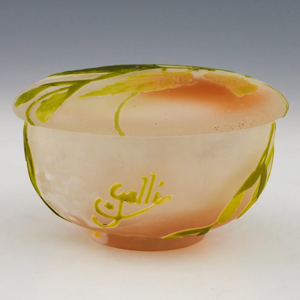 An Emile Galle Trinket Box With Ash Leaves and Seed Pods from c1905, Made in Nancy France, the bowl features a somewhat flattened bun-style with translucent ground with acid-cut ash leaves and samaras in two shades of green and a pale yellow. It is