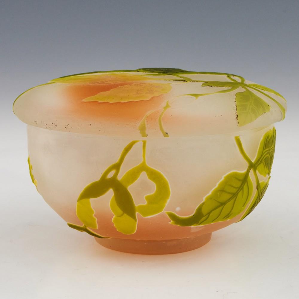Art Nouveau Galle Cameo Glass Trinket Box With Ash Leaves and Seed Pods c1905