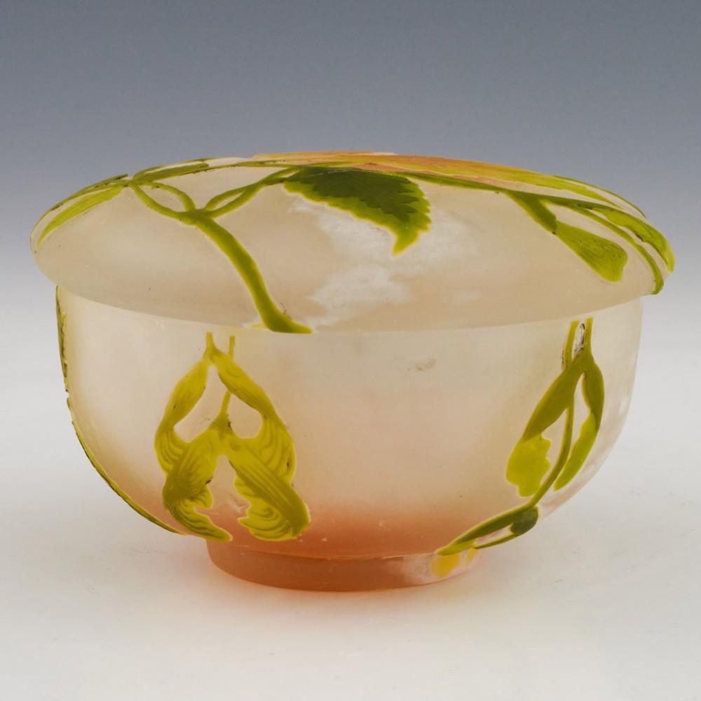 French Galle Cameo Glass Trinket Box With Ash Leaves and Seed Pods c1905