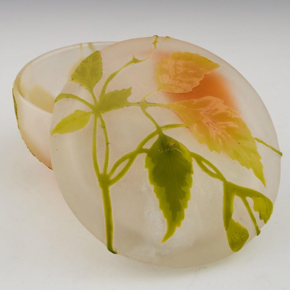 20th Century Galle Cameo Glass Trinket Box With Ash Leaves and Seed Pods c1905