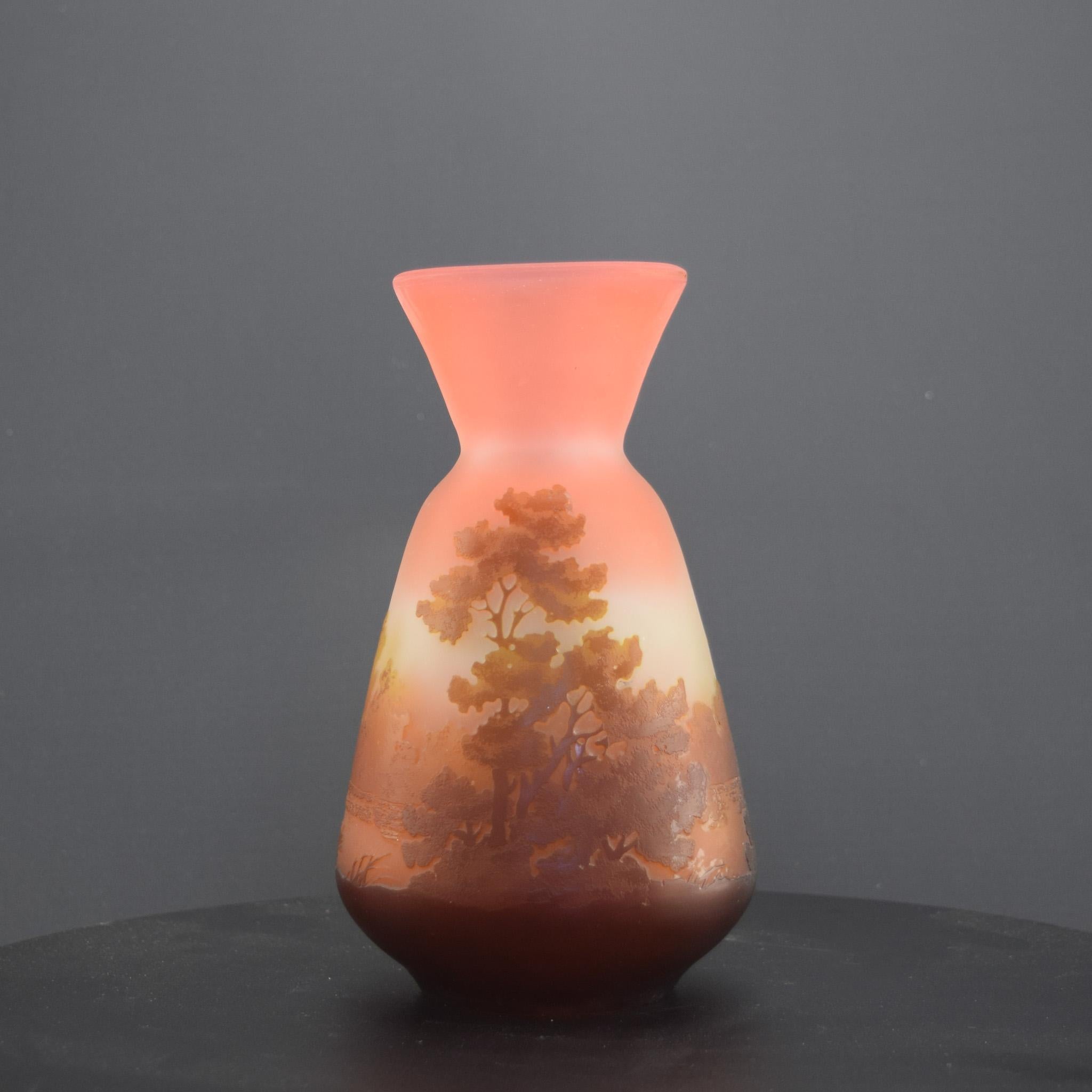 Emile Galle cameo glass landscape vase C1905
Super quality vase, very realistic design and detail to the trees which fits nicely to the shape.

Engraved Galle toward the base of the vase

The condition is very good with no damage or faults
