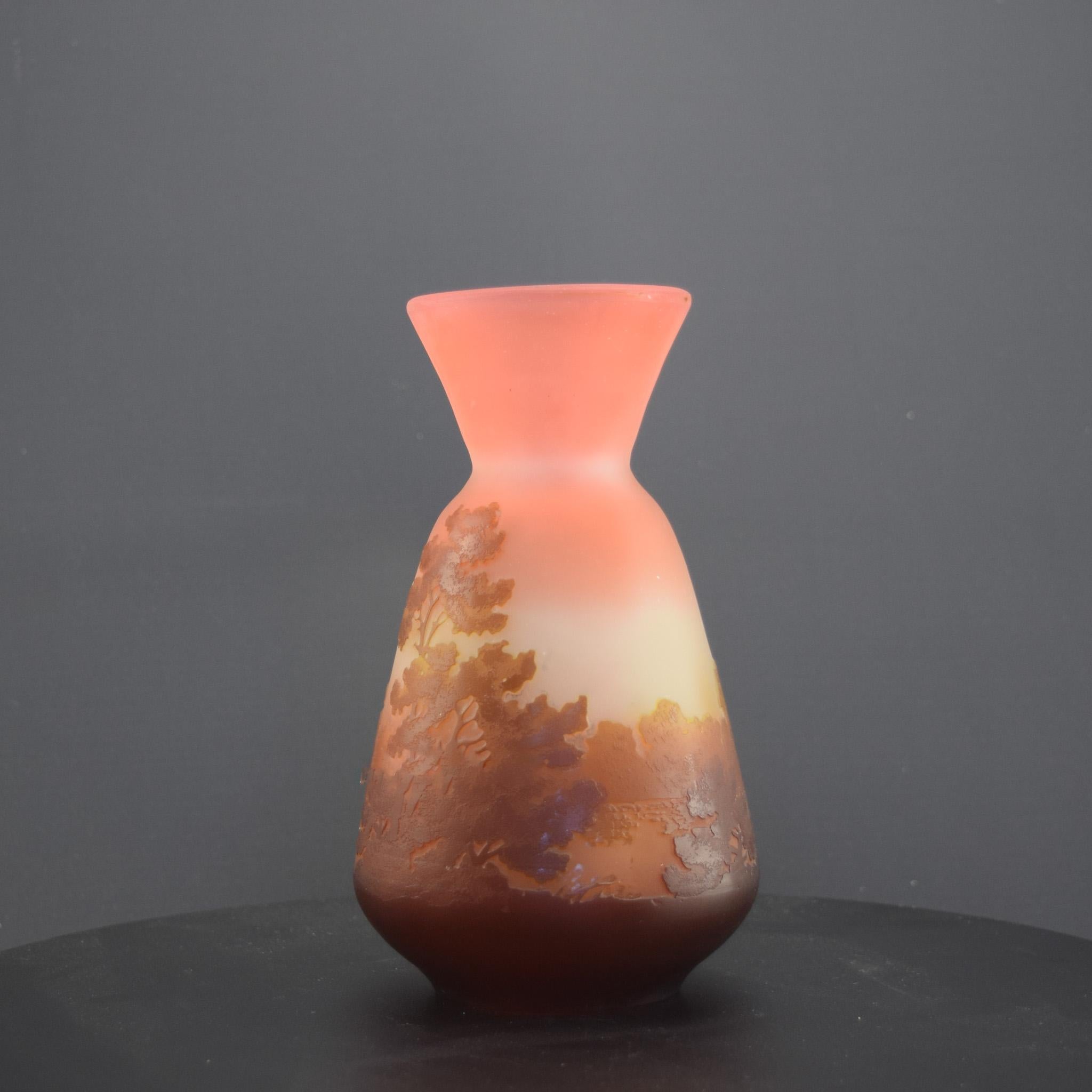 Art Nouveau Galle Cameo glass vase brown & peach landscape design C1905 For Sale