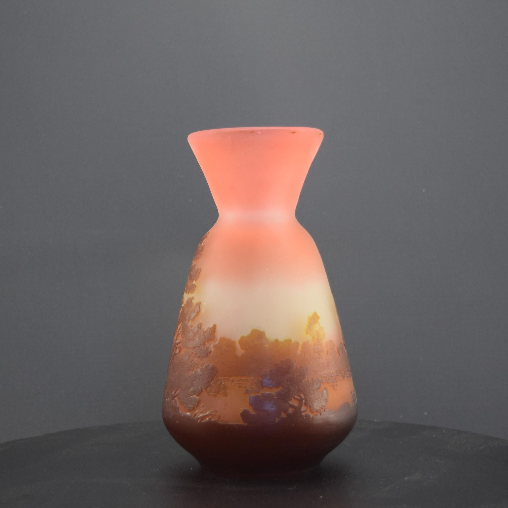 French Galle Cameo glass vase brown & peach landscape design C1905 For Sale