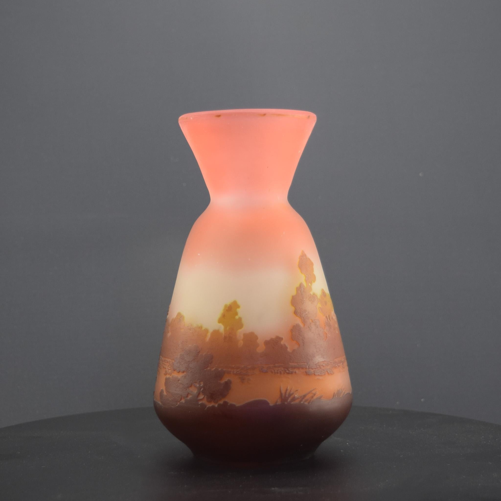 Carved Galle Cameo glass vase brown & peach landscape design C1905 For Sale