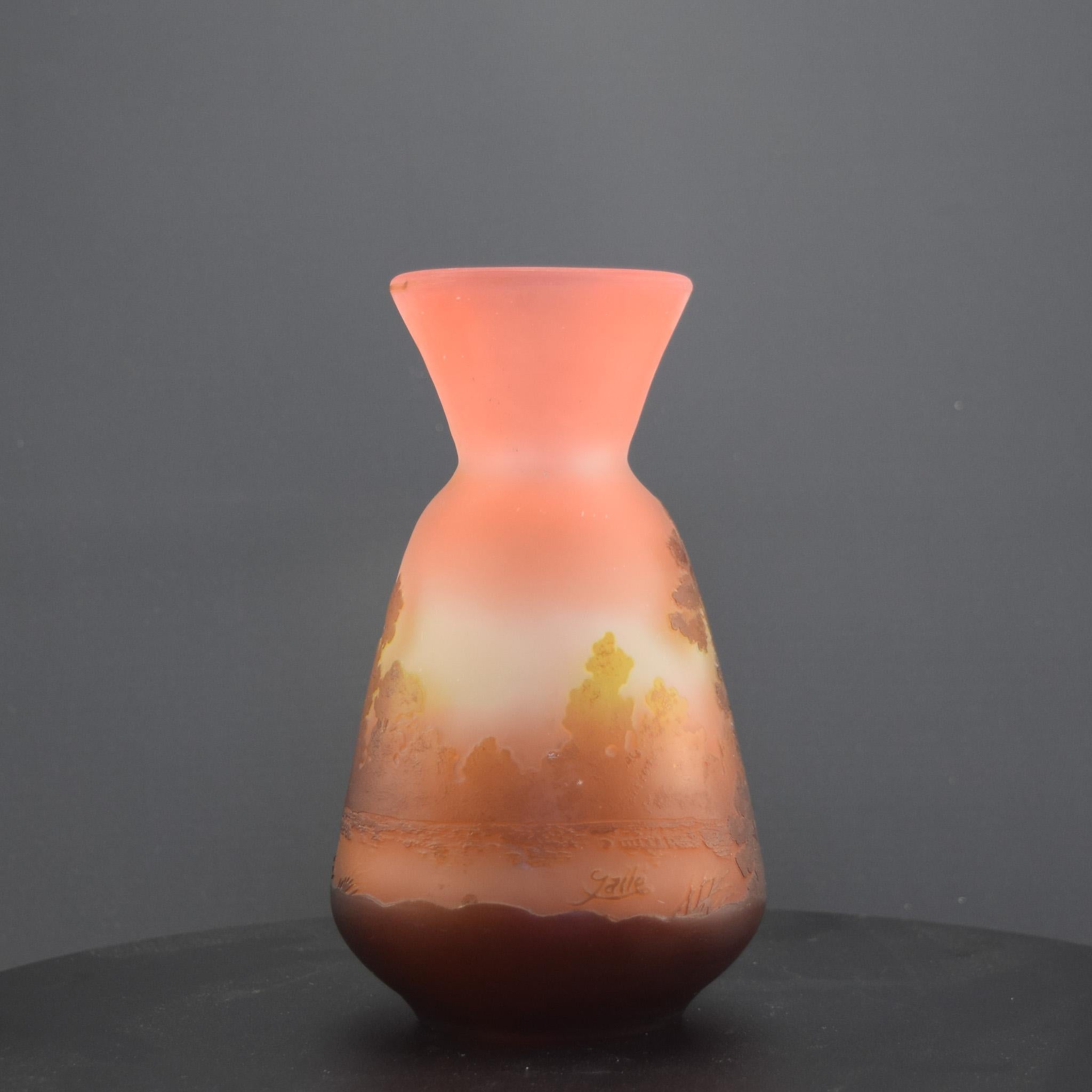 Early 20th Century Galle Cameo glass vase brown & peach landscape design C1905 For Sale