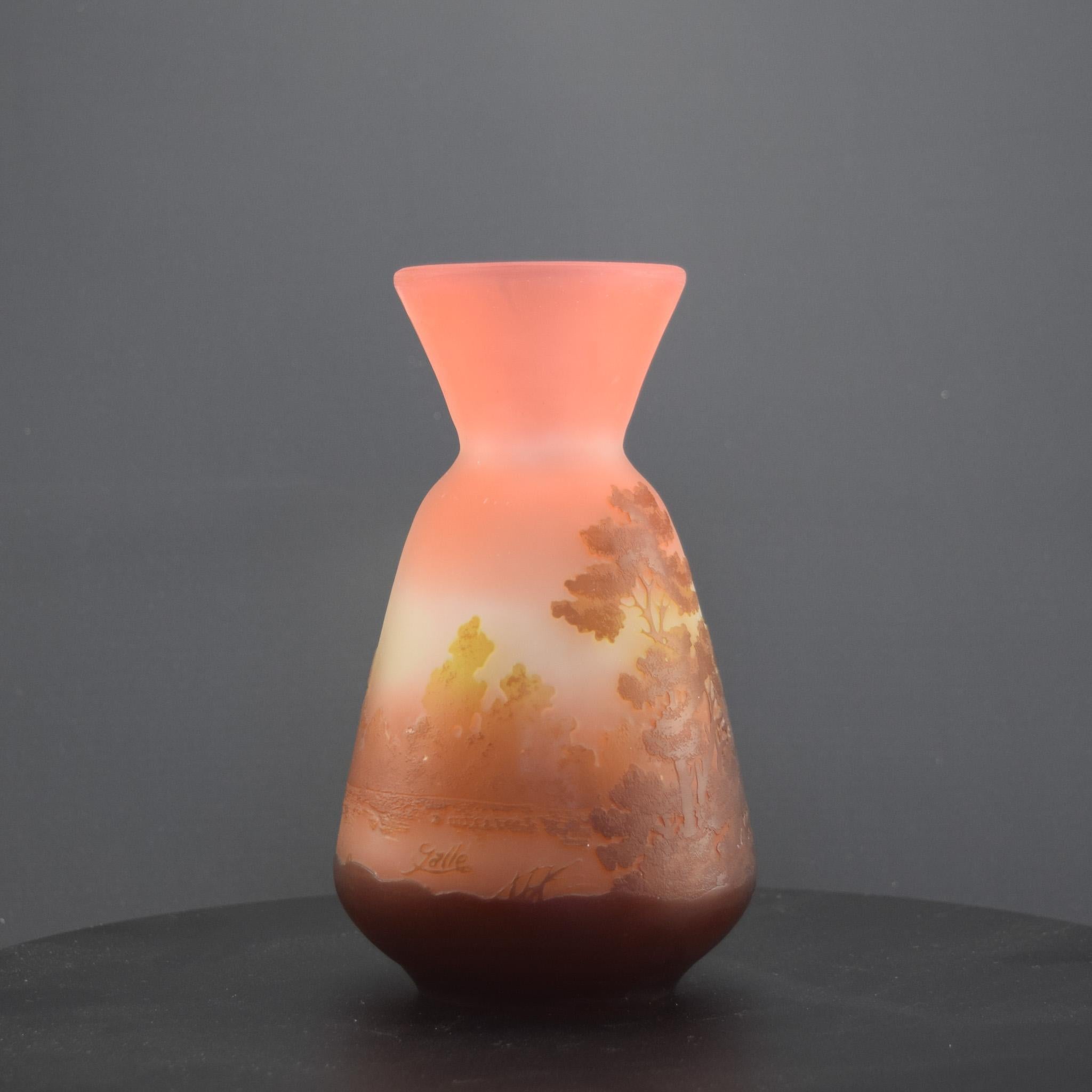 Glass Galle Cameo glass vase brown & peach landscape design C1905 For Sale