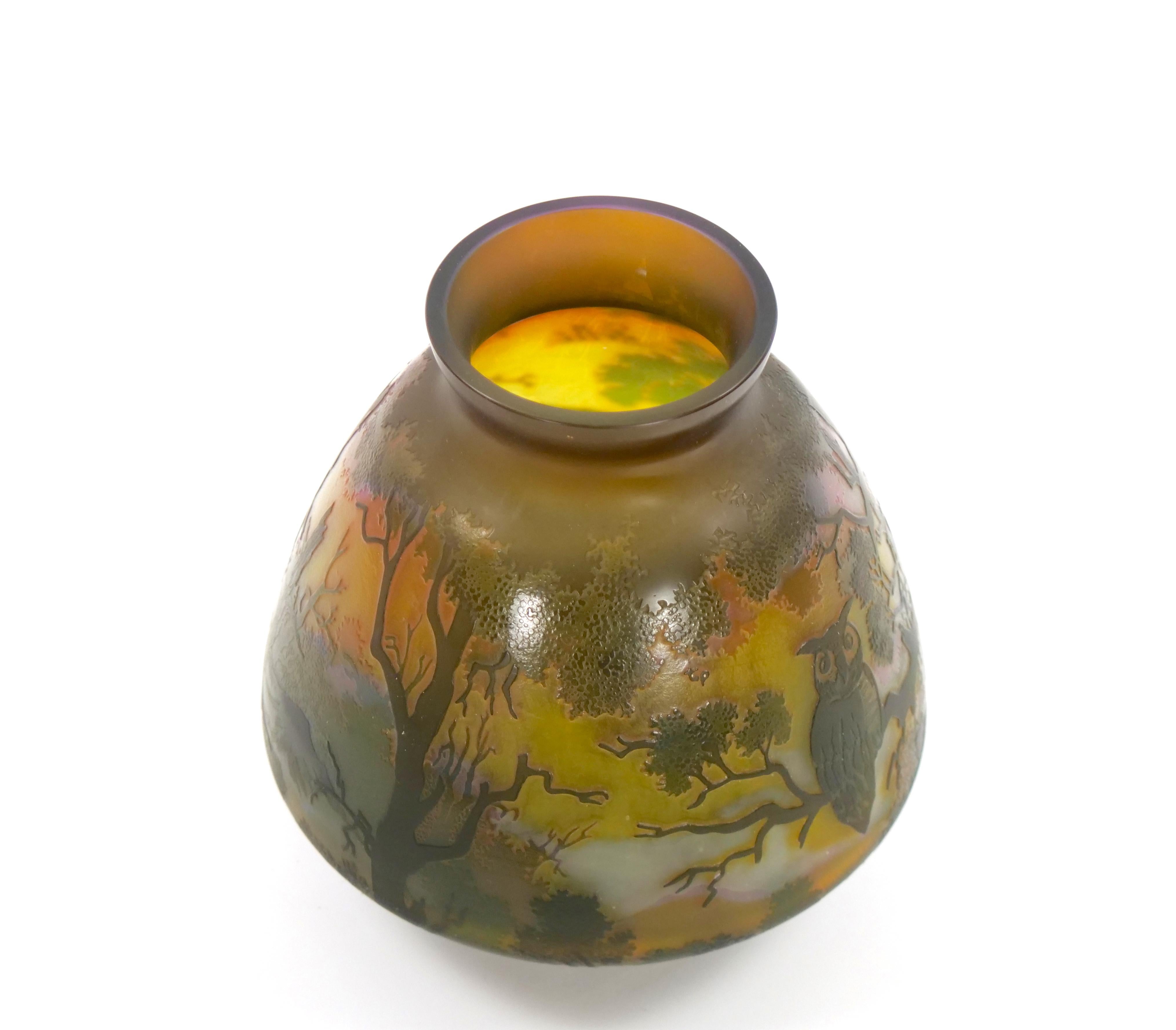 Art Nouveau Galle Cameo Glass Vase with Perched Owls For Sale