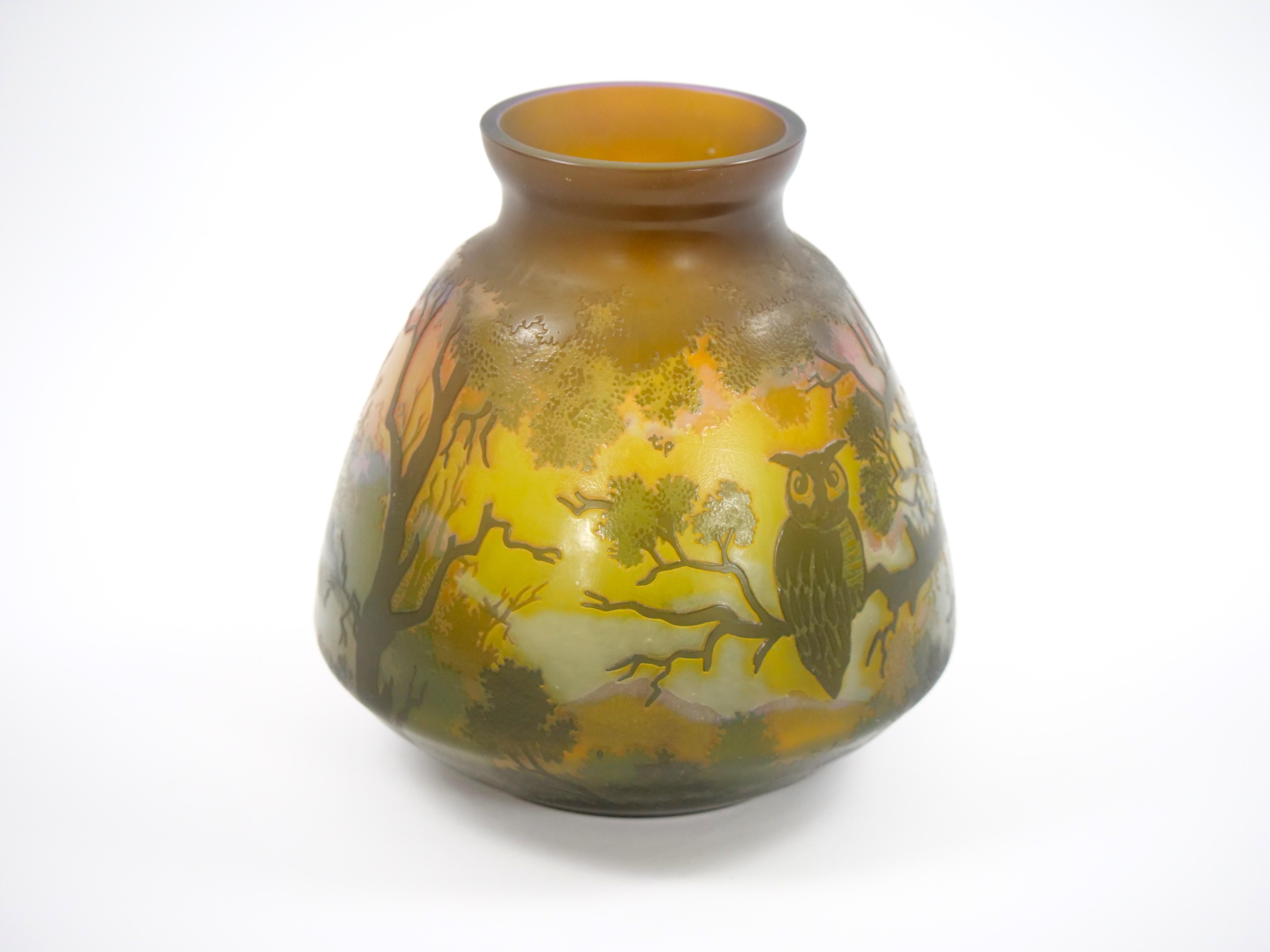 Engraved Galle Cameo Glass Vase with Perched Owls For Sale