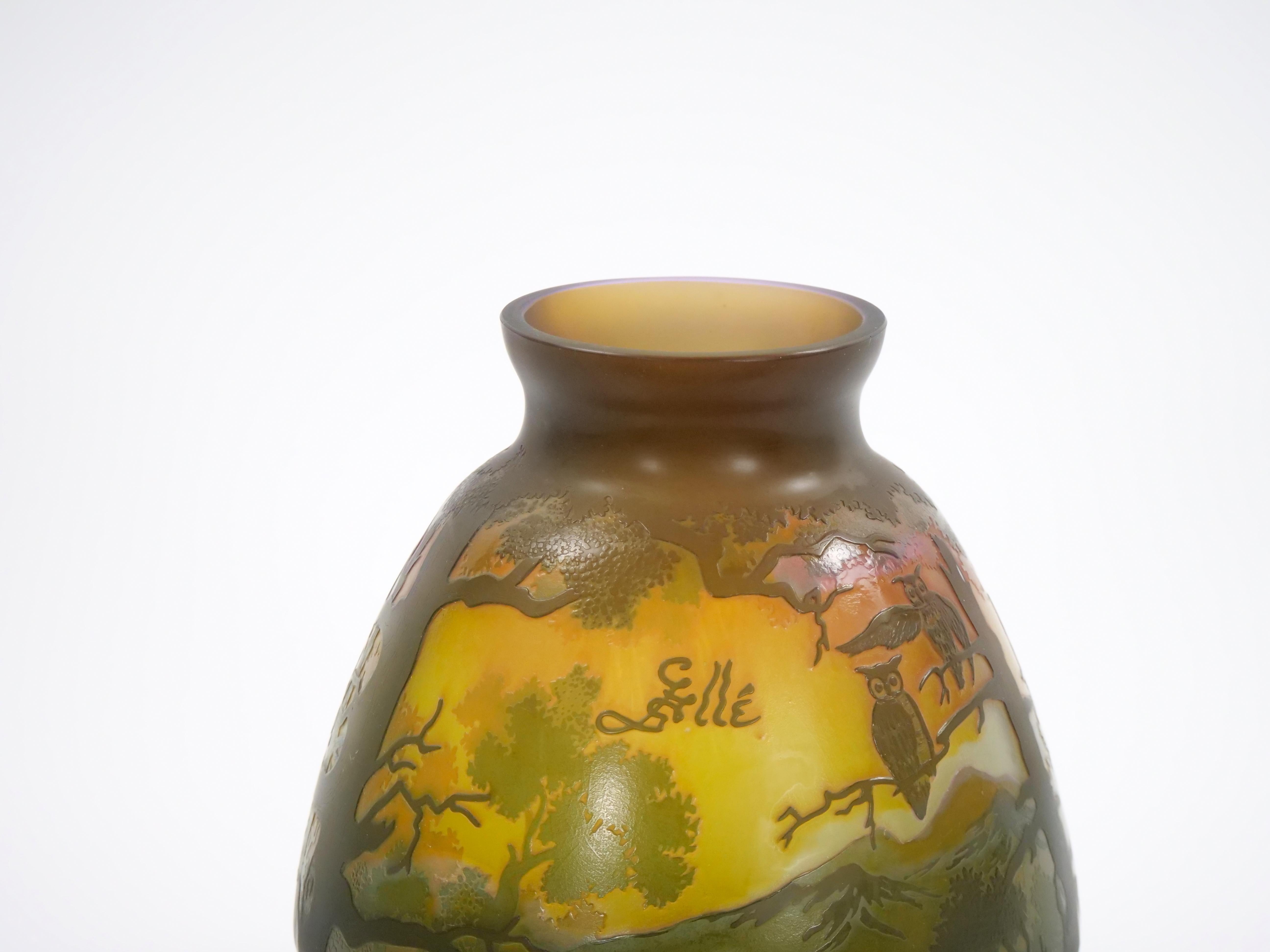 20th Century Galle Cameo Glass Vase with Perched Owls For Sale