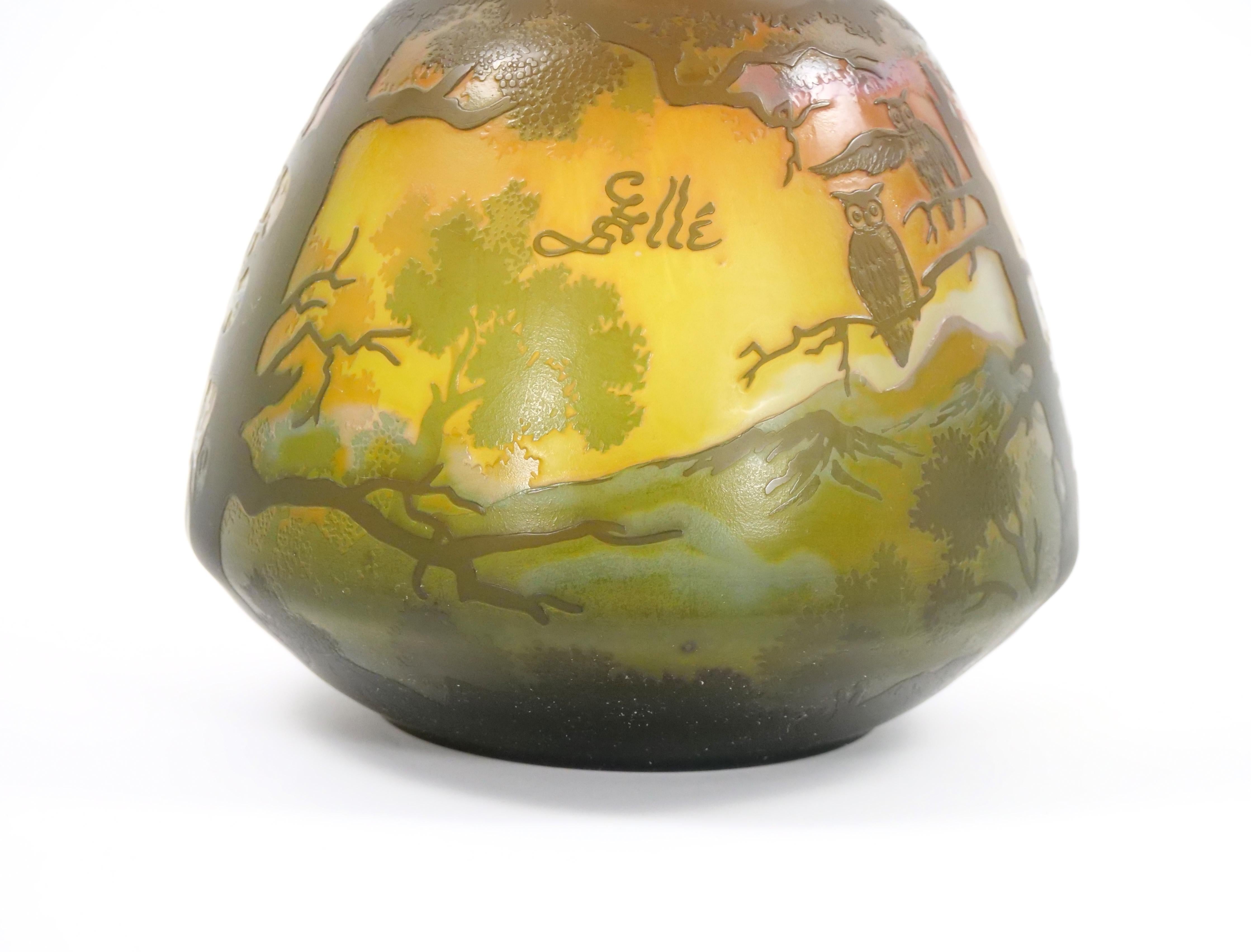 Art Glass Galle Cameo Glass Vase with Perched Owls For Sale