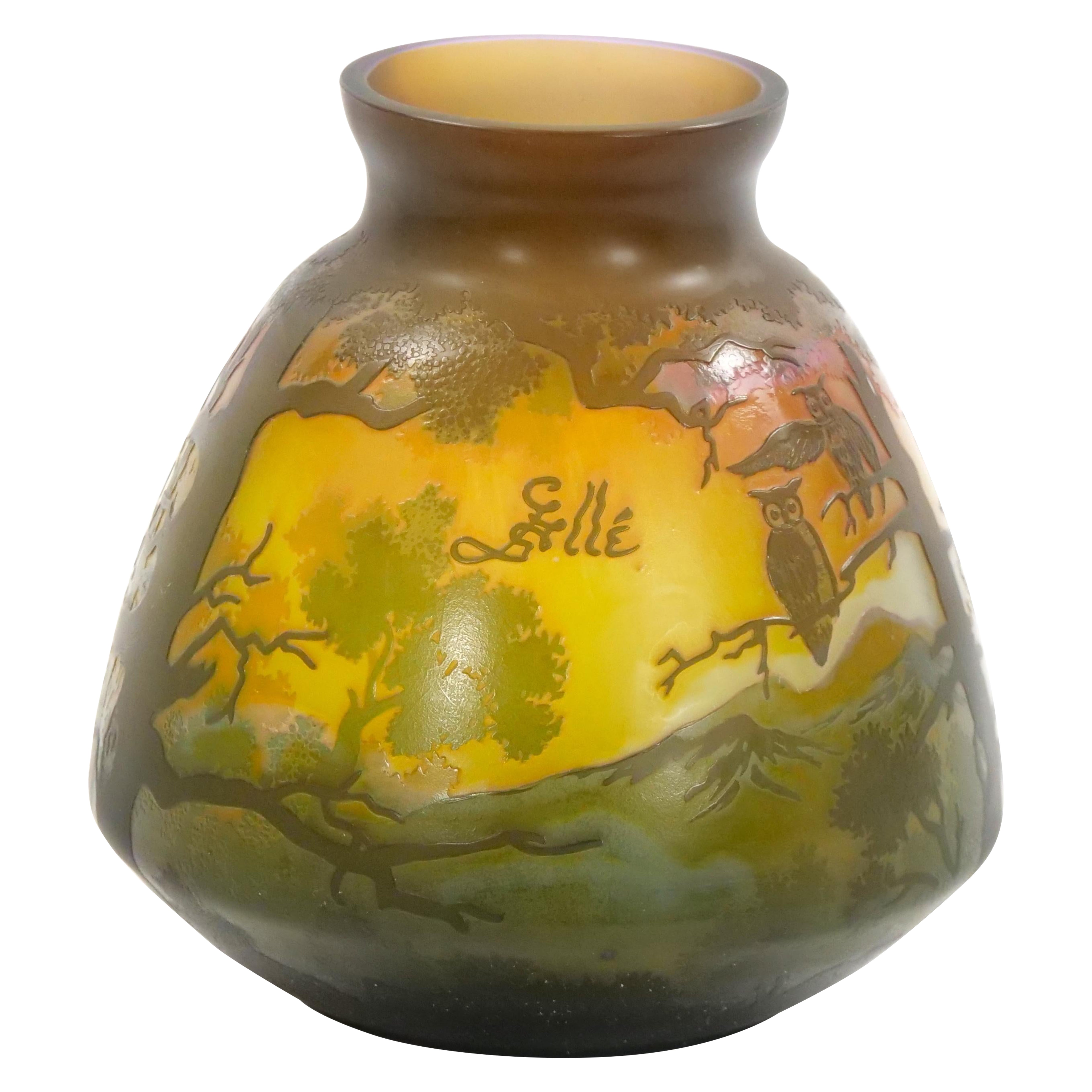 Galle Cameo Glass Vase with Perched Owls For Sale