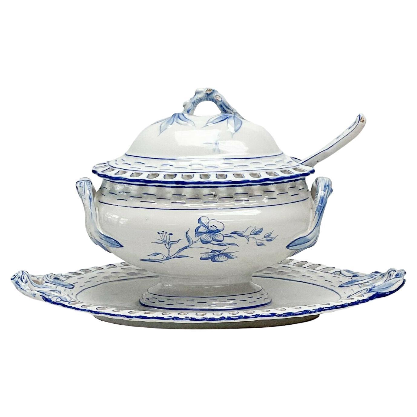 Galle Faience France Reticulated Porcelain Lidded Sauce Tureen with Assoc Spoon For Sale