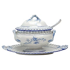 Galle Faience France Reticulated Porcelain Lidded Sauce Tureen with Assoc Spoon