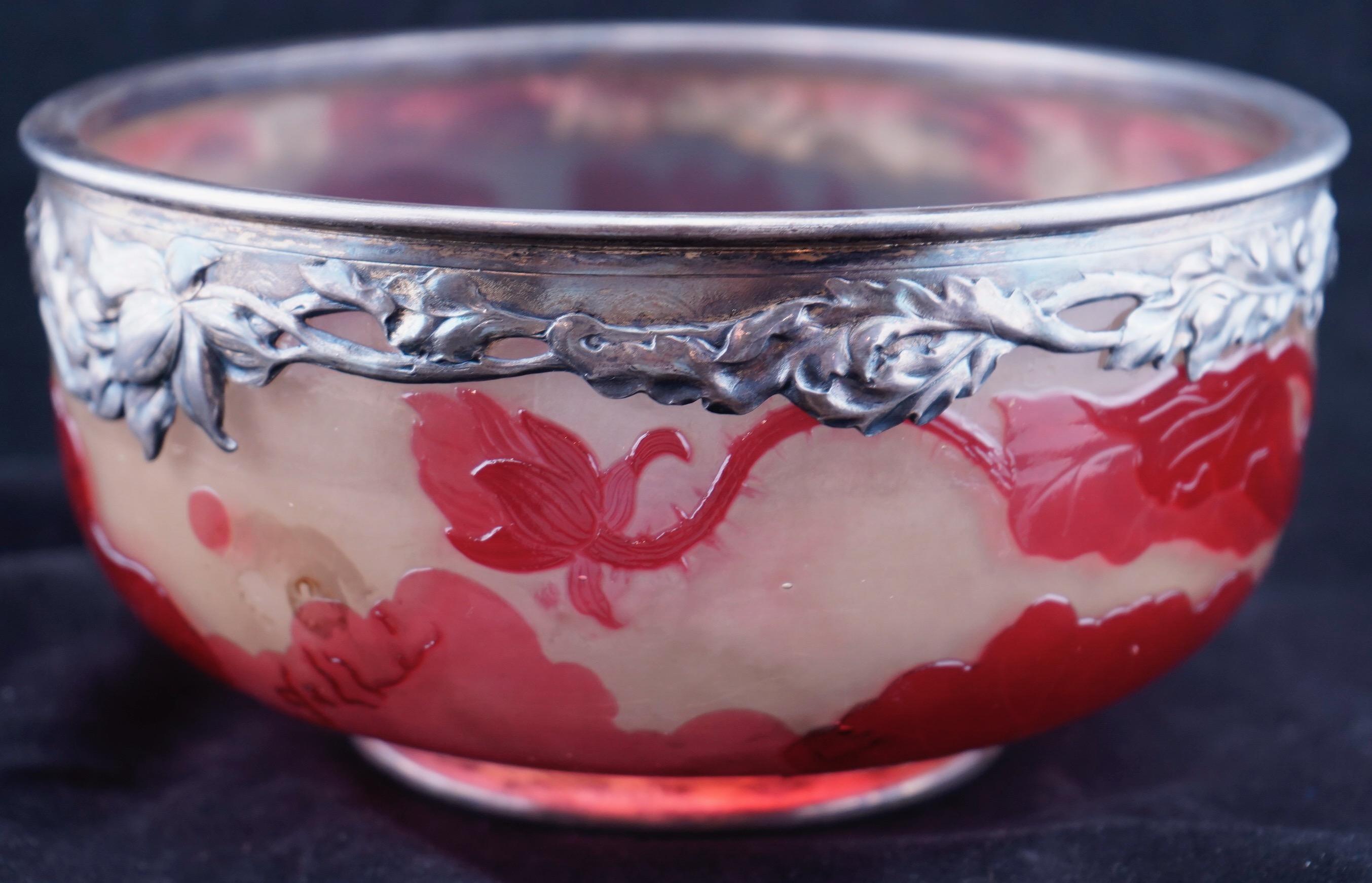 Art Nouveau Galle Fire Polished Cameo Glass and Silver Cased Bowl For Sale