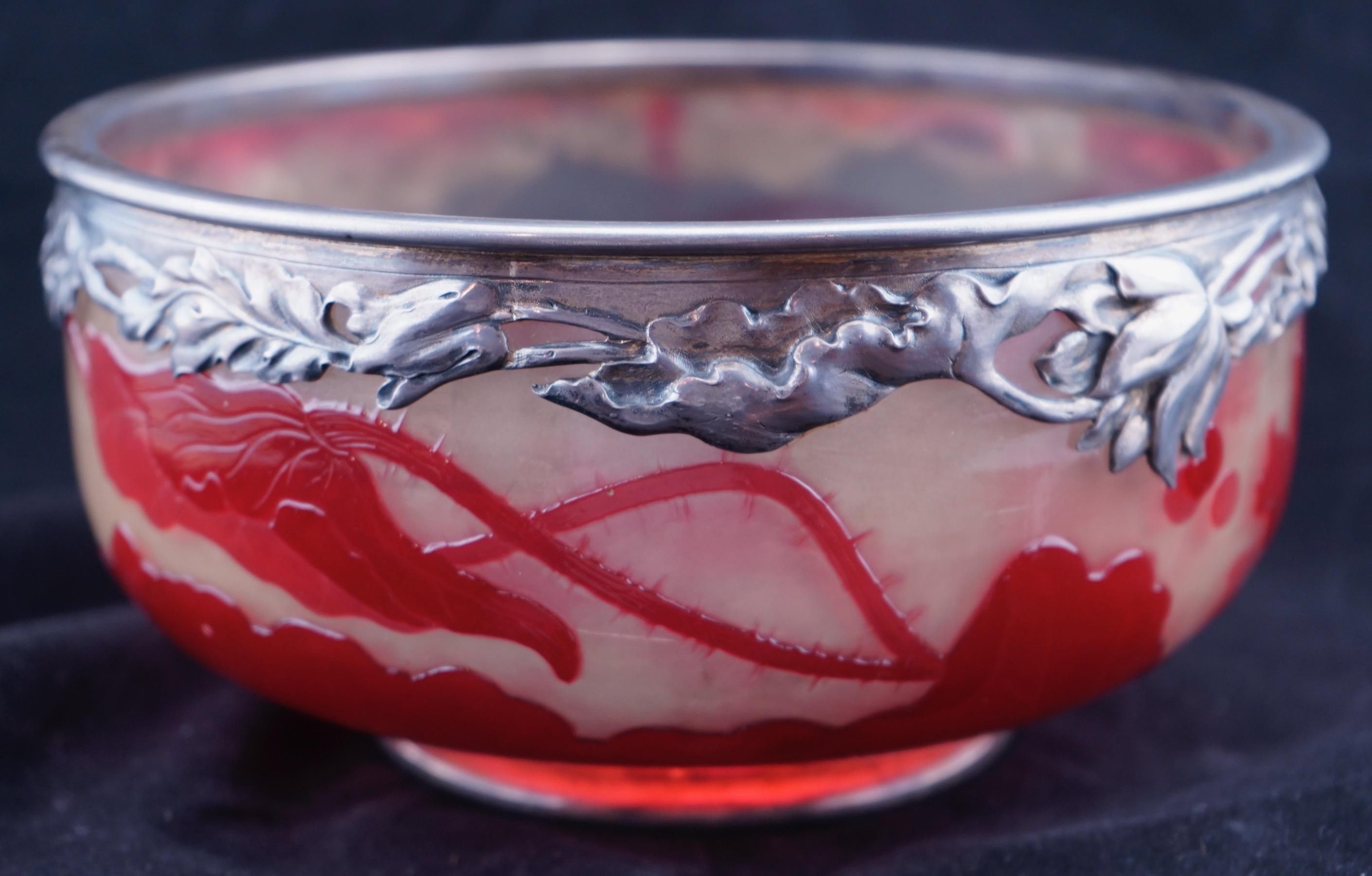 French Galle Fire Polished Cameo Glass and Silver Cased Bowl For Sale