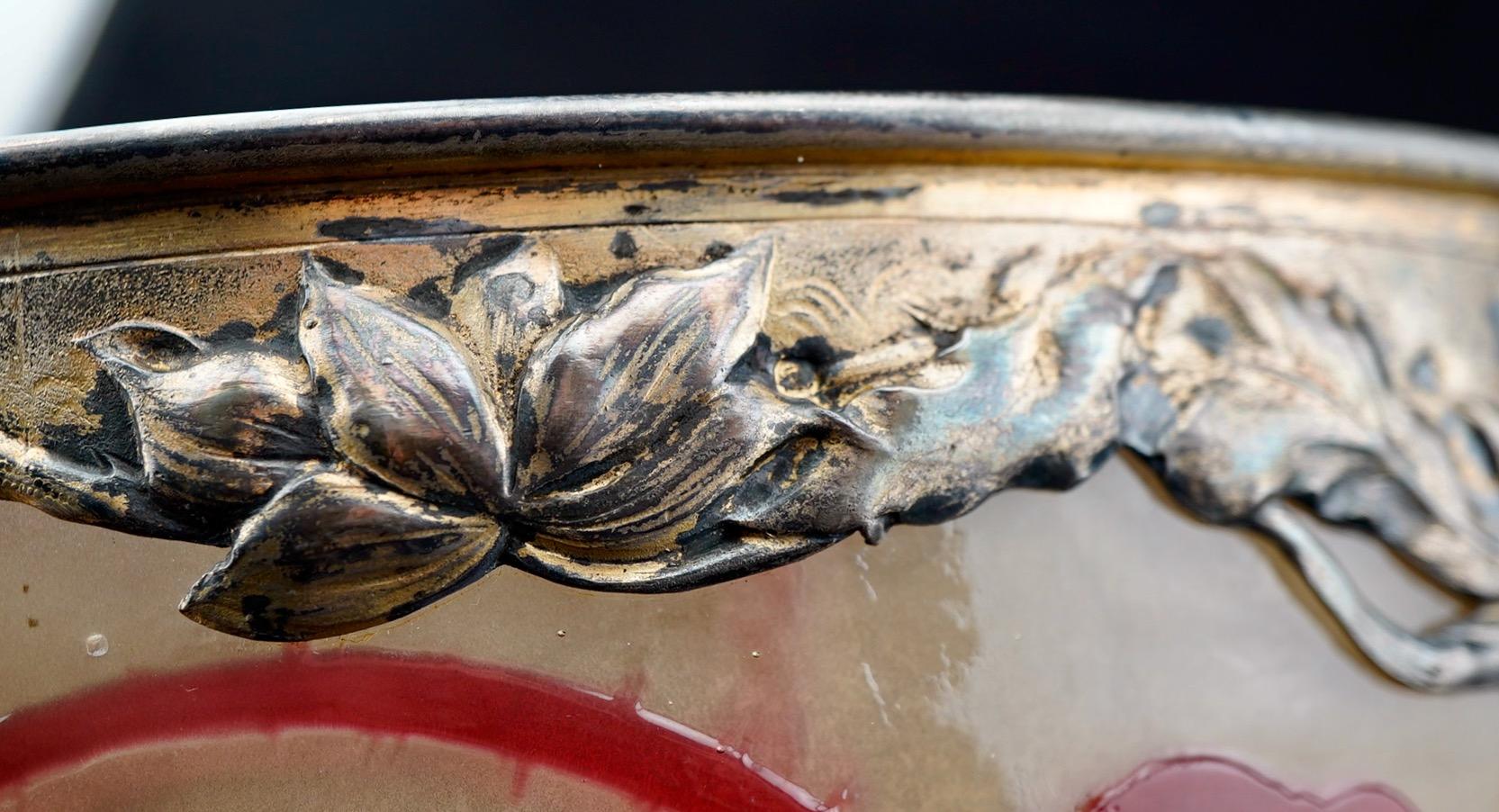 19th Century Galle Fire Polished Cameo Glass and Silver Cased Bowl For Sale