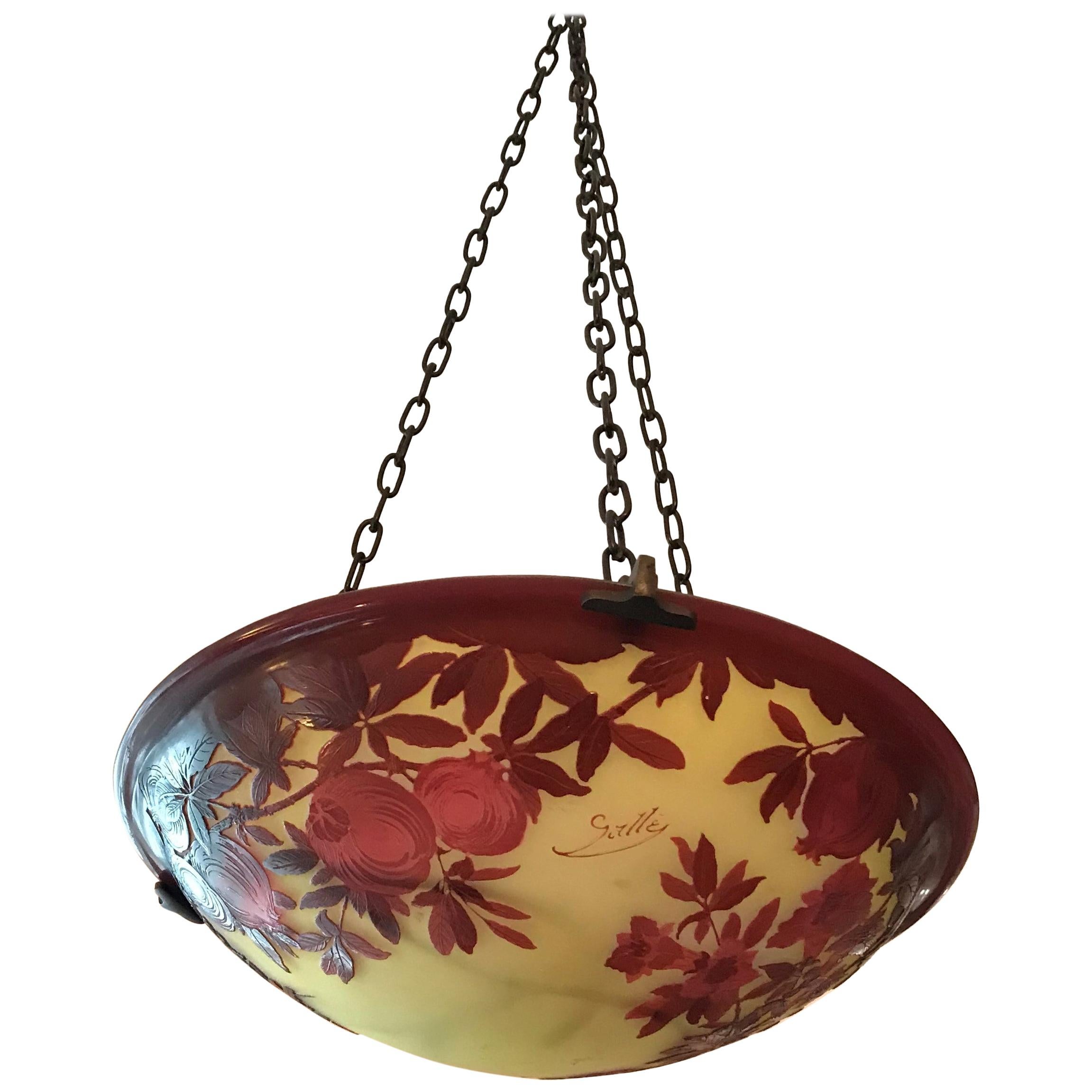 Galle French Cameo Glass Hanging Light Fixture Pomegranate Pattern For Sale