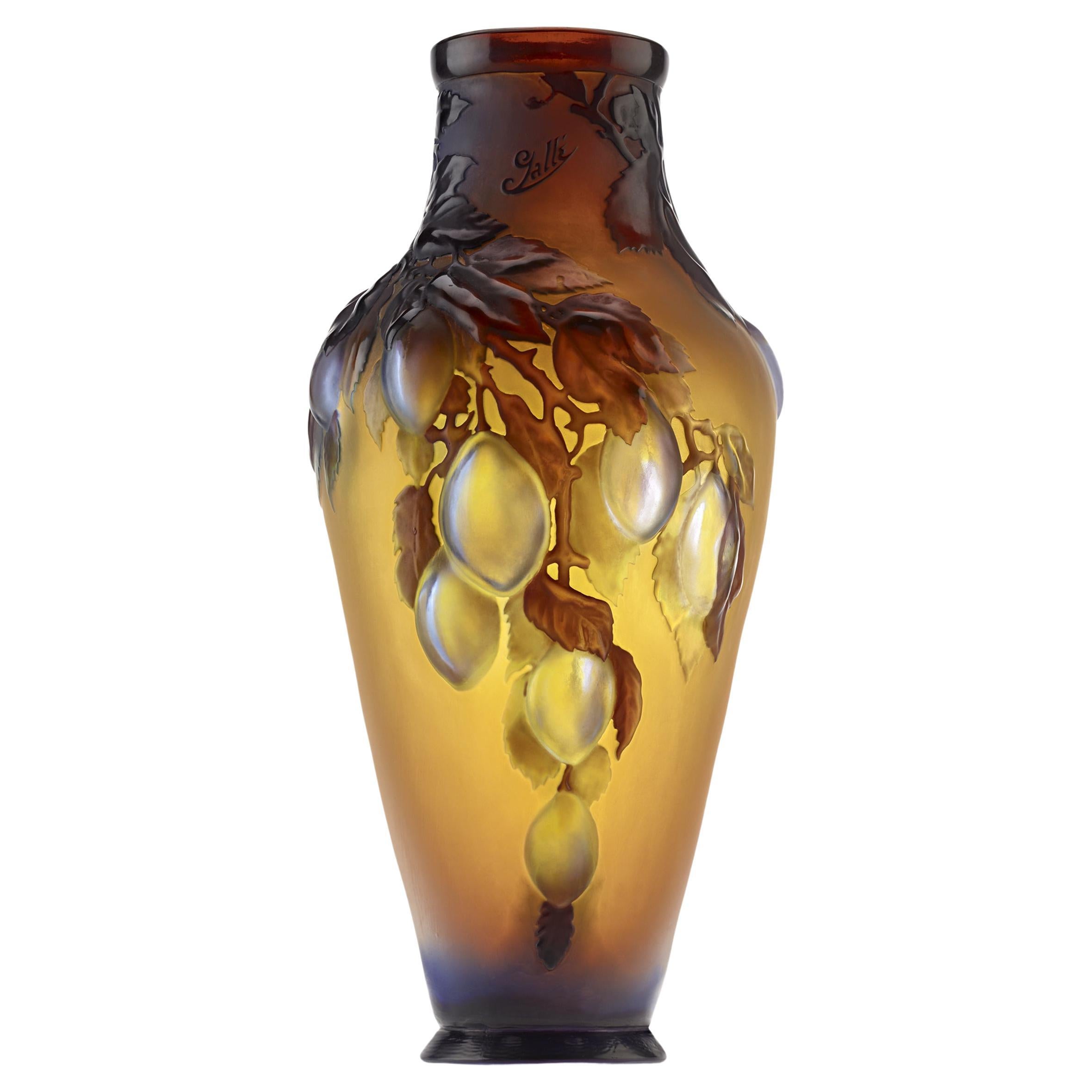Gallé Mold-Blown Cameo Glass Plum Vase For Sale