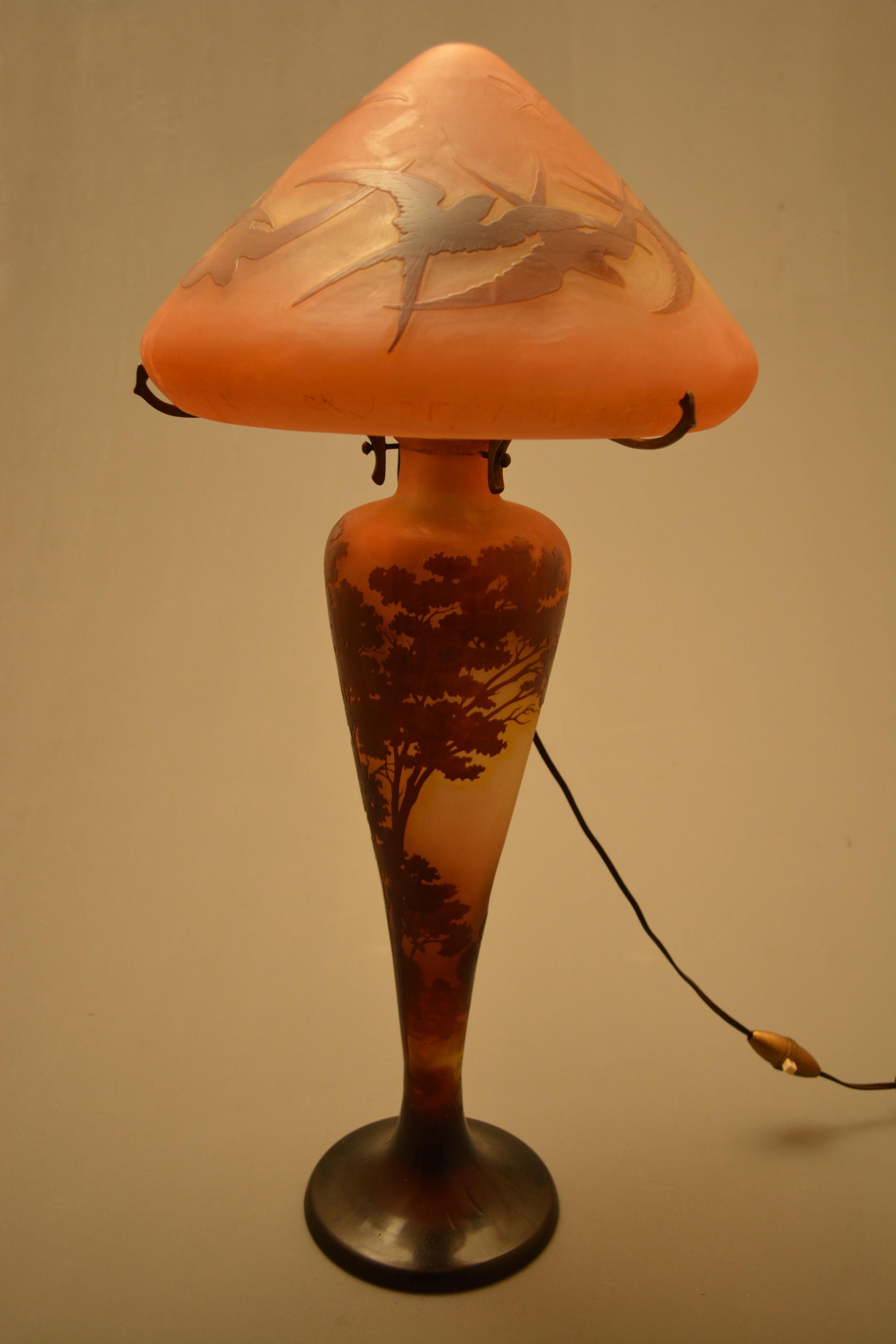 Etched Gallè Overlay Art Nouveau Glass Lorreine Landscape Table Lamp For Sale