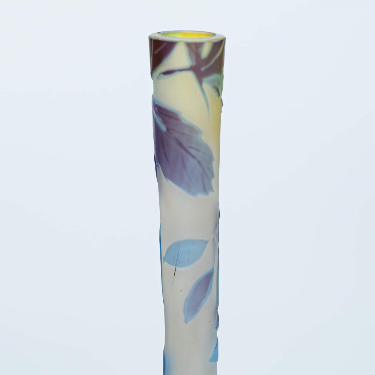 Francese Gallé Signed, Acid Etched Multi Colored Overlay Vase, France, 1905 in vendita
