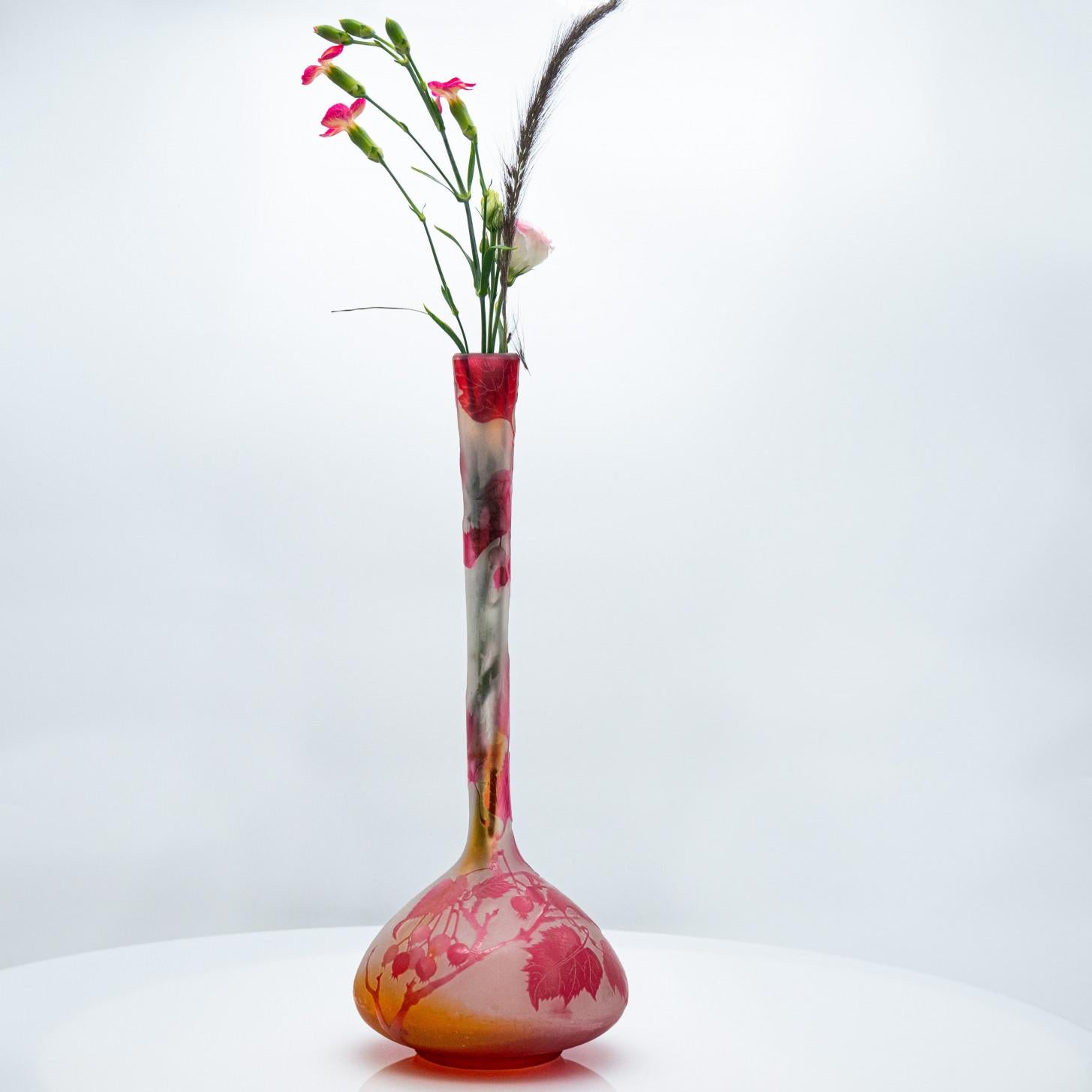 Gallé firmato, grande vaso a forma di banjo inciso all'acido, Francia, 1890 In condizioni buone in vendita a Rijssen, NL