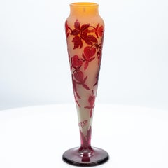 Gallé Signed, Large Acid Etched Overlay Vase with Foot, France, 1890
