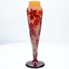 Gallé Signed, Large Acid Etched Overlay Vase with Foot, France, 1890