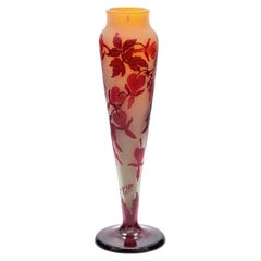 Gallé Signed, Large Acid Etched Overlay Vase with Foot, France, 1890