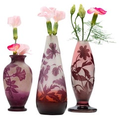 Gallé Signed, Set of Acid Etched Double Overlay Cameo Vases, 1920