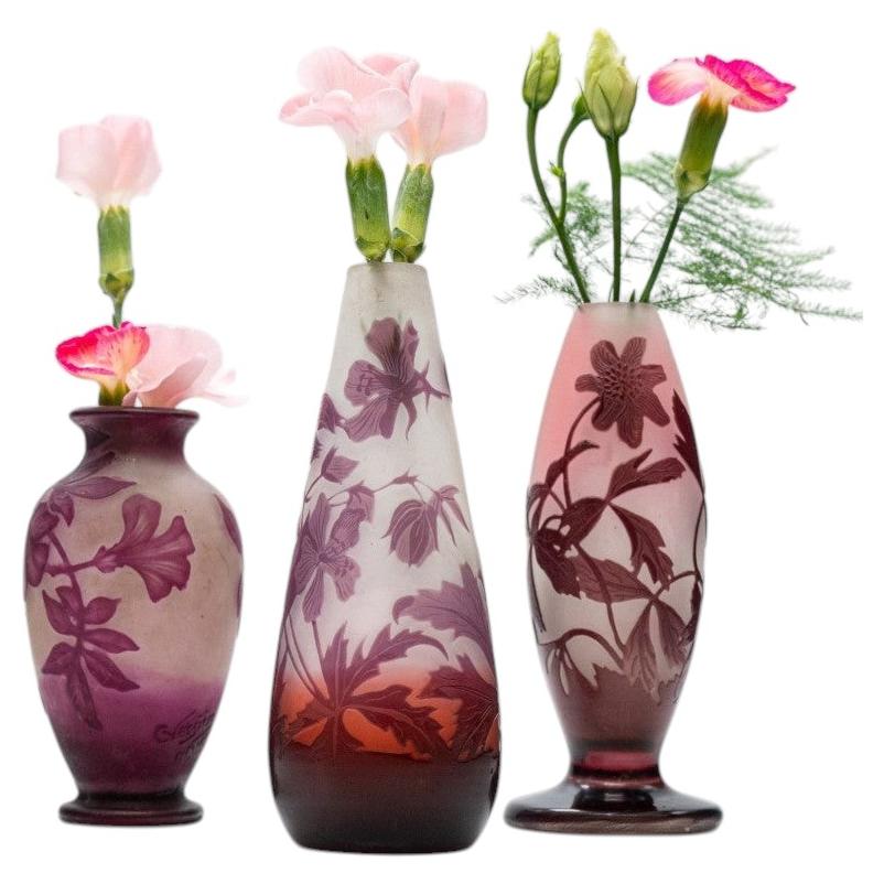 Gallé Signed, Set of Acid Etched Double Overlay Cameo Vases, 1920 For Sale
