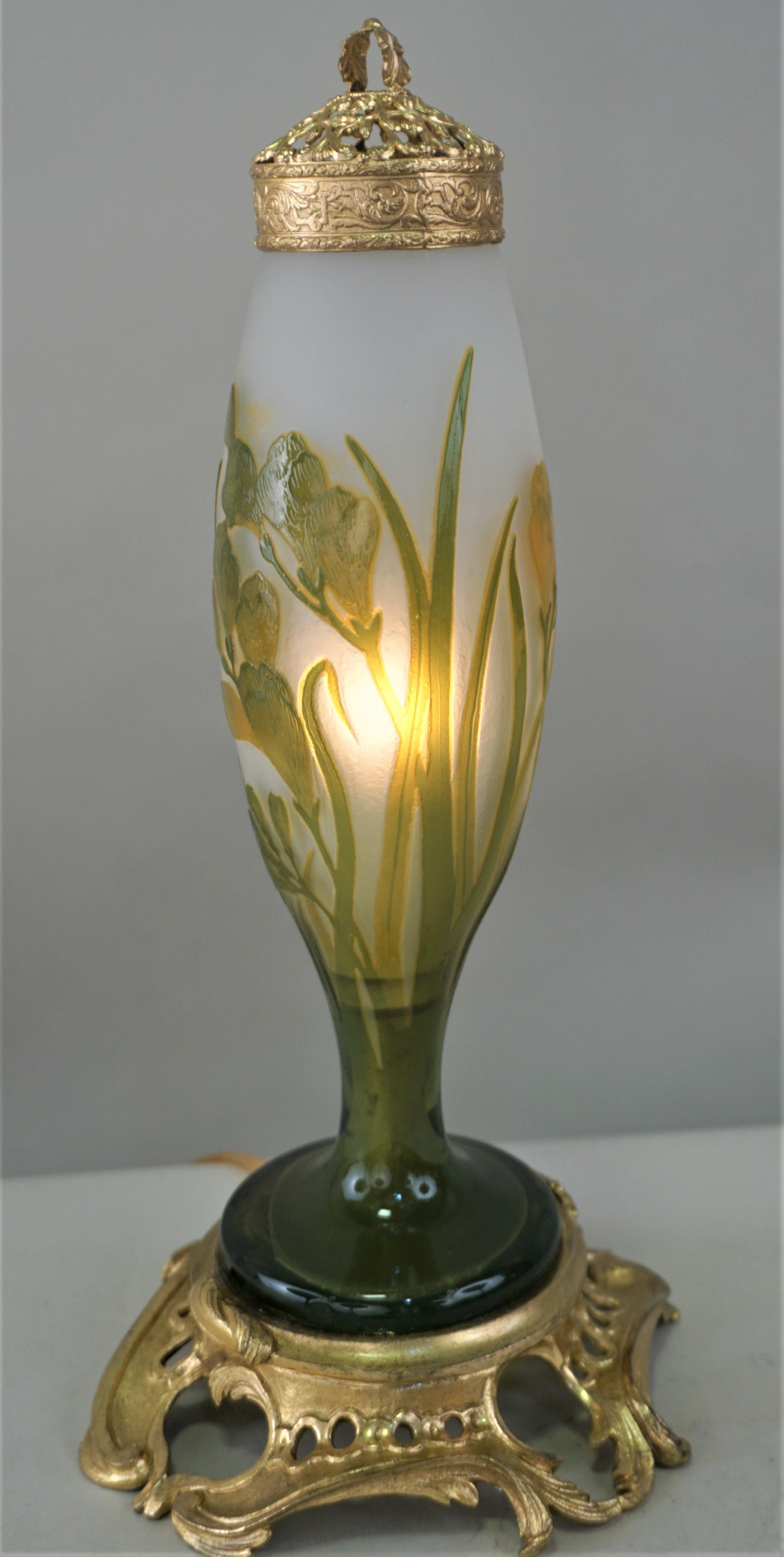 Gorgeous French Art Nouveau cameo glass table lamp with dore bonze mounting.