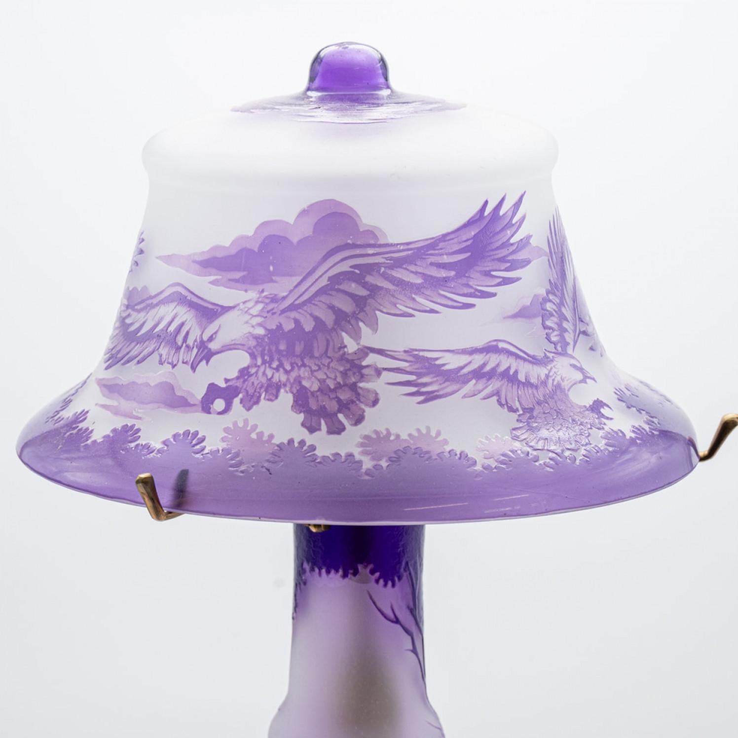 French Gallé Style Table Lamp Art Nouveau Purple Glass, France For Sale