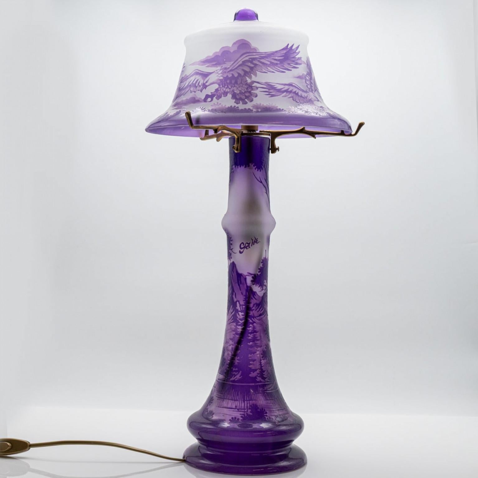 Other Gallé Style Table Lamp Art Nouveau Purple Glass, France For Sale