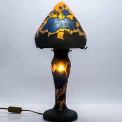 Gallé Style Table Lamp Mushroom Hibiscus Yellow Blue, France