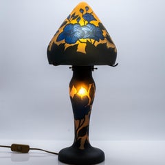 Gallé Style Table Lamp Mushroom Hibiscus Yellow Blue, France
