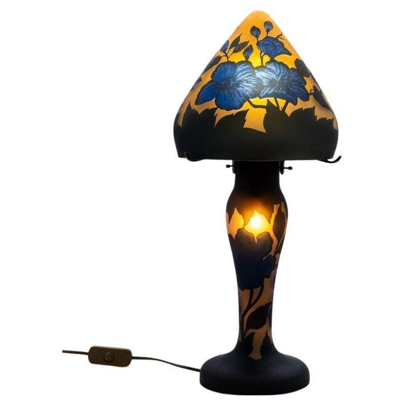 Gallé Style Table Lamp Mushroom Hibiscus Yellow Blue, France