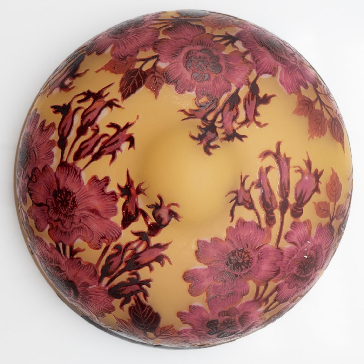 Lámpara de Sobremesa Estilo Gallé Champiñón Amarillo Flores Rojas, Francia Francés