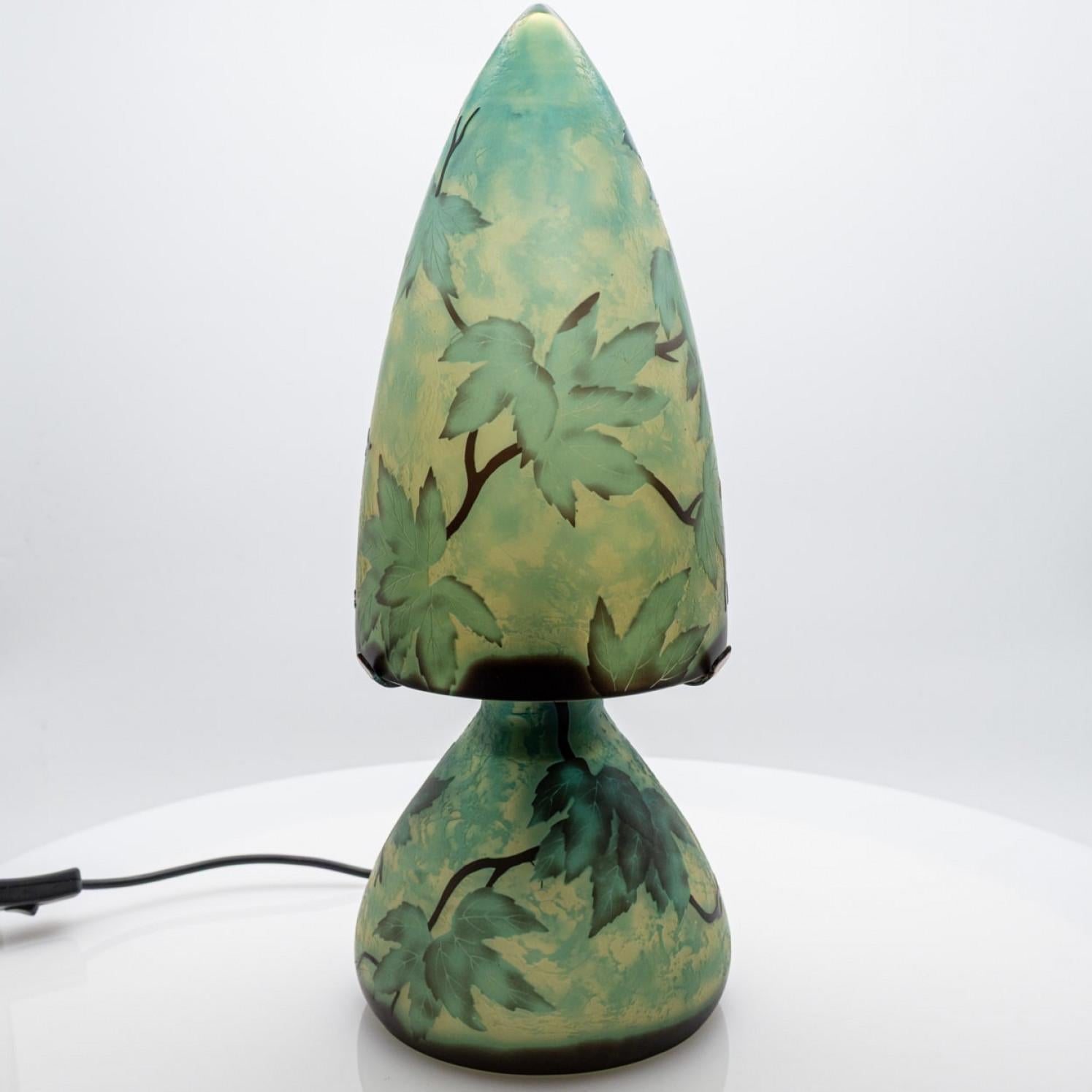 Lampe de table Gallé Champignon Feuilles vertes, France 3