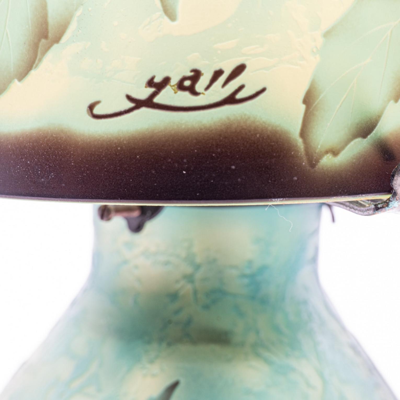 Gallé Table Lamp Mushroom Green Leafs, France principios del siglo XX en venta