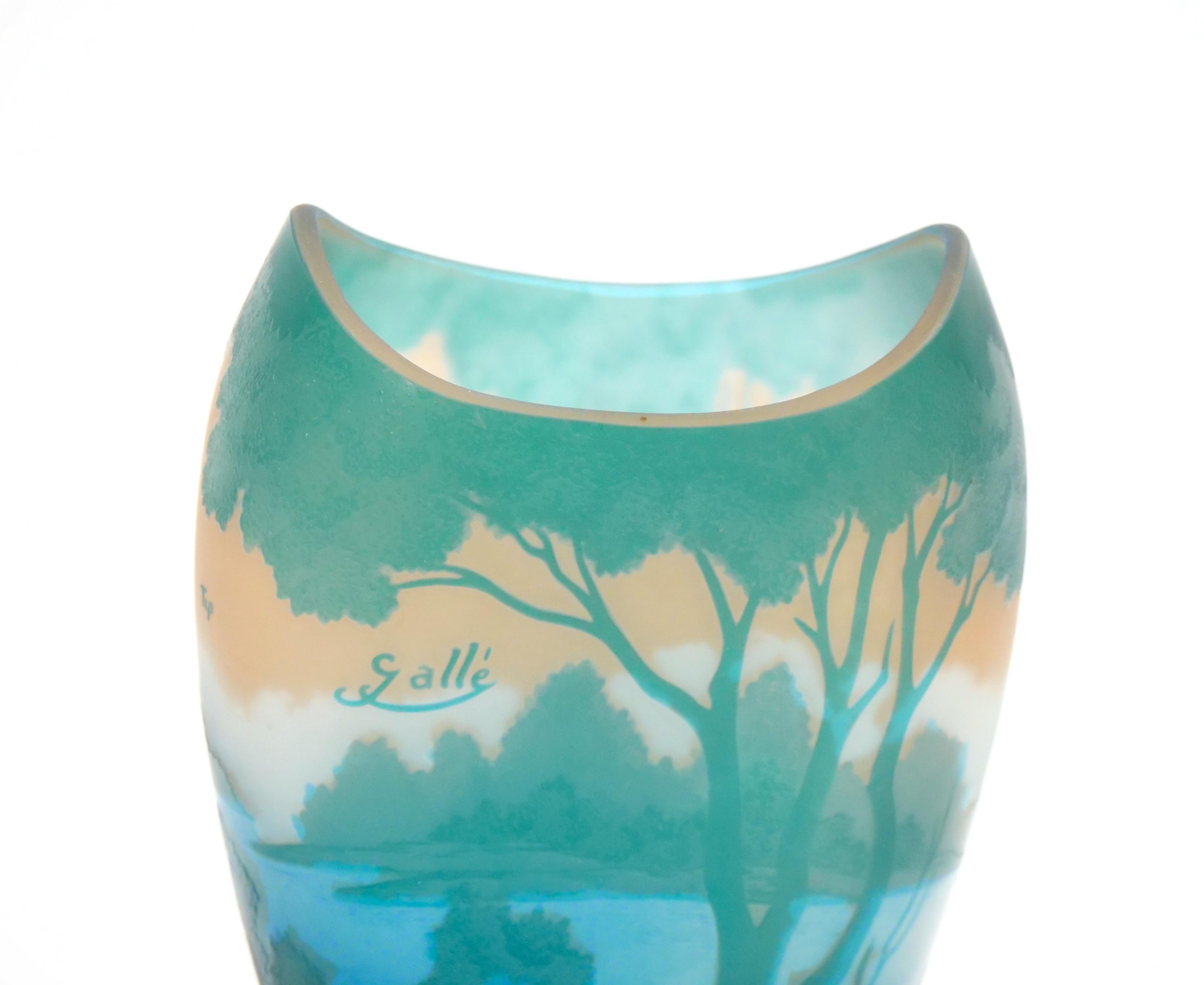 Engraved Galle Turquoise Cameo Glass Art Nouveau Decorative Vase For Sale