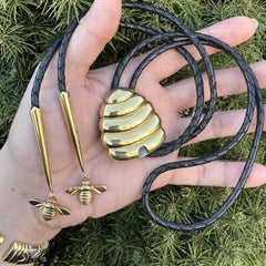 Gallen Benson Bee Hive 18k Solid Gold & Black Leather Bolo Tie Bee Aiguillettes