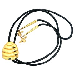 Gallen Benson Bee Hive 18k Solid Gold 
Black Leather Bolo Tie Bee Aiguillettes