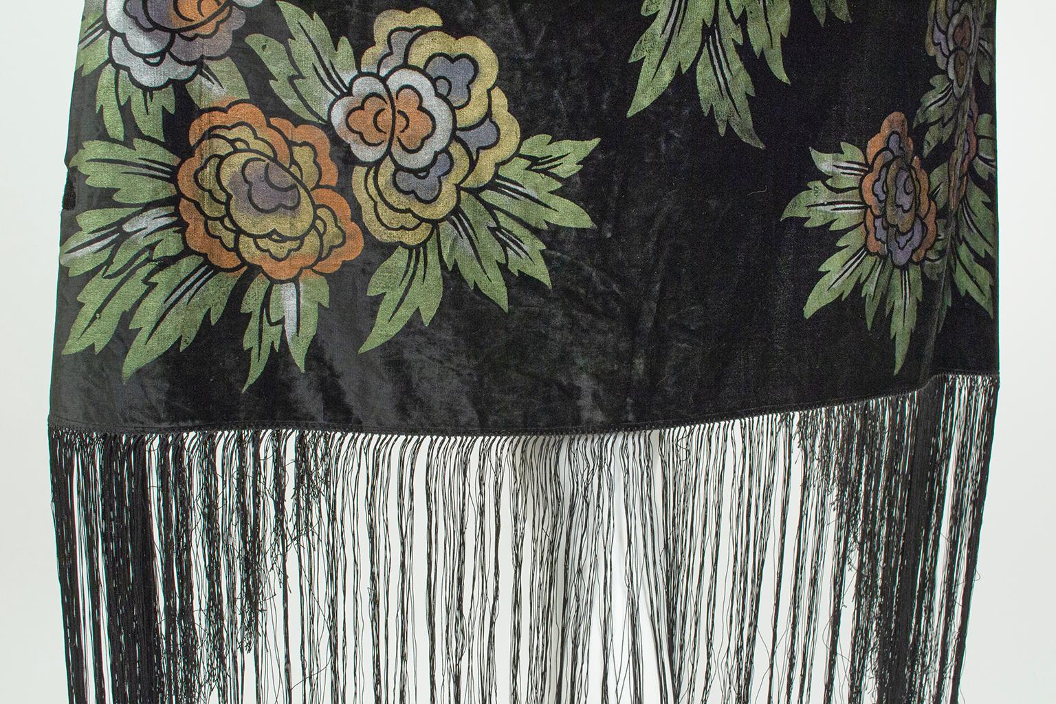 Fortuny-Inspired Painted Velvet Fringed Piano Shawl Wrap Stole–36” x 38”, 1920s For Sale 7