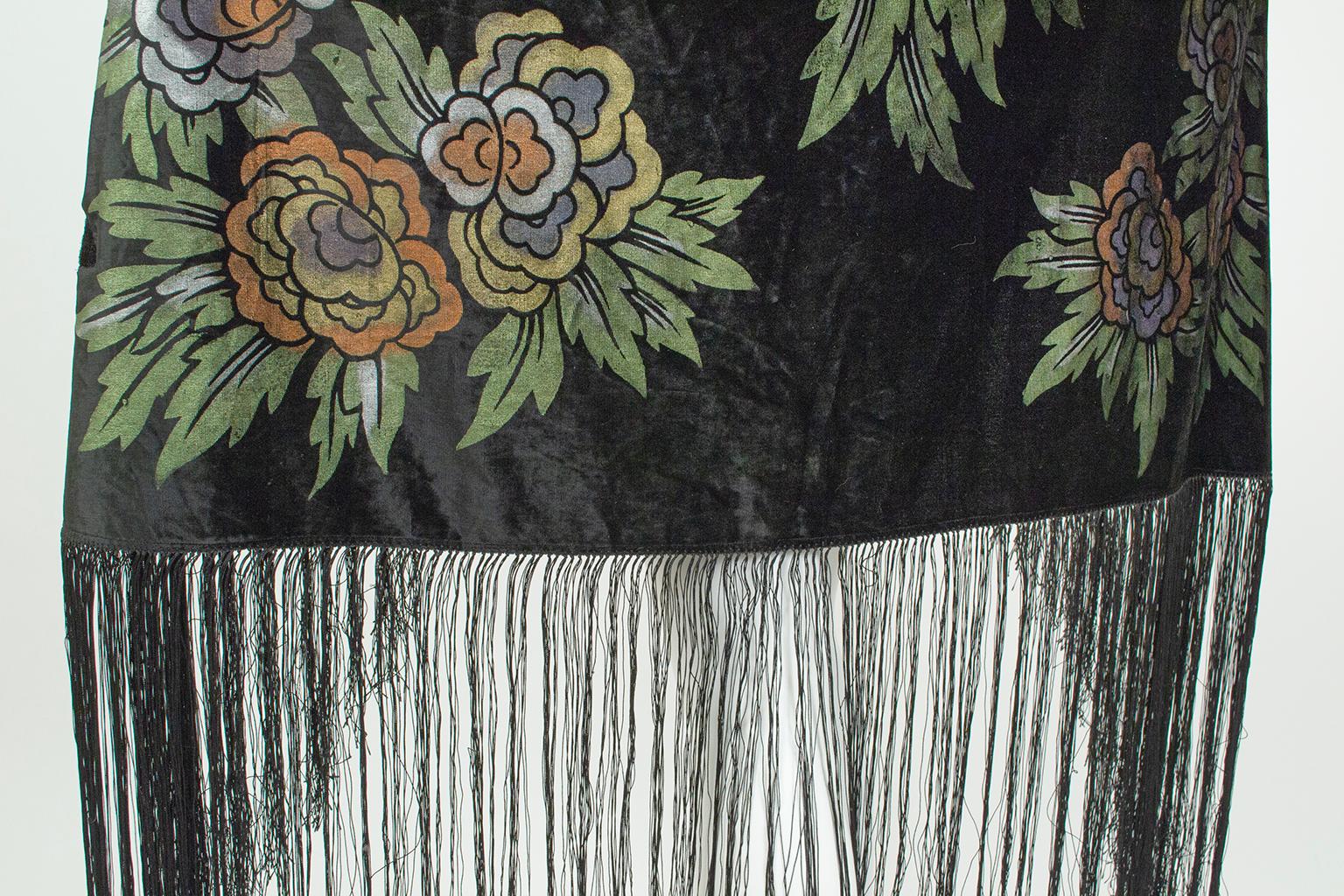 Fortuny-Inspired Painted Velvet Fringed Piano Shawl Wrap Stole–36” x 38”, 1920s For Sale 6
