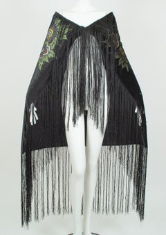 Fortuny-Inspired Painted Velvet Fringed Piano Shawl Wrap Stole–36” x 38”, 1920s