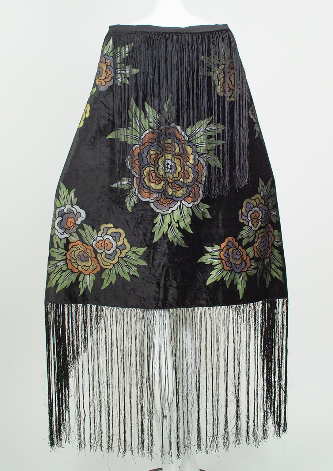 Women's or Men's Fortuny-Inspired Painted Velvet Fringed Piano Shawl Wrap Stole–36” x 38”, 1920s For Sale